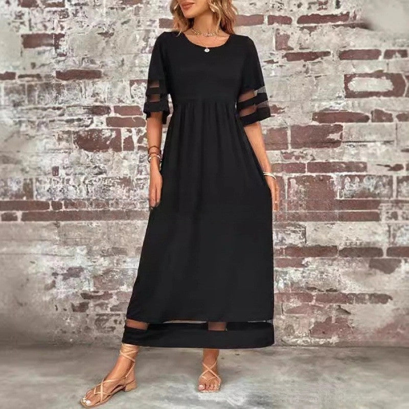 Mesh Round Neck Patch Pocket Midi Dress