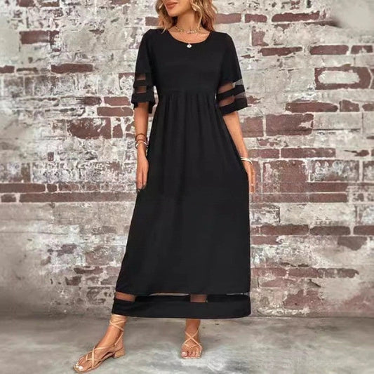 Mesh Round Neck Patch Pocket Midi Dress