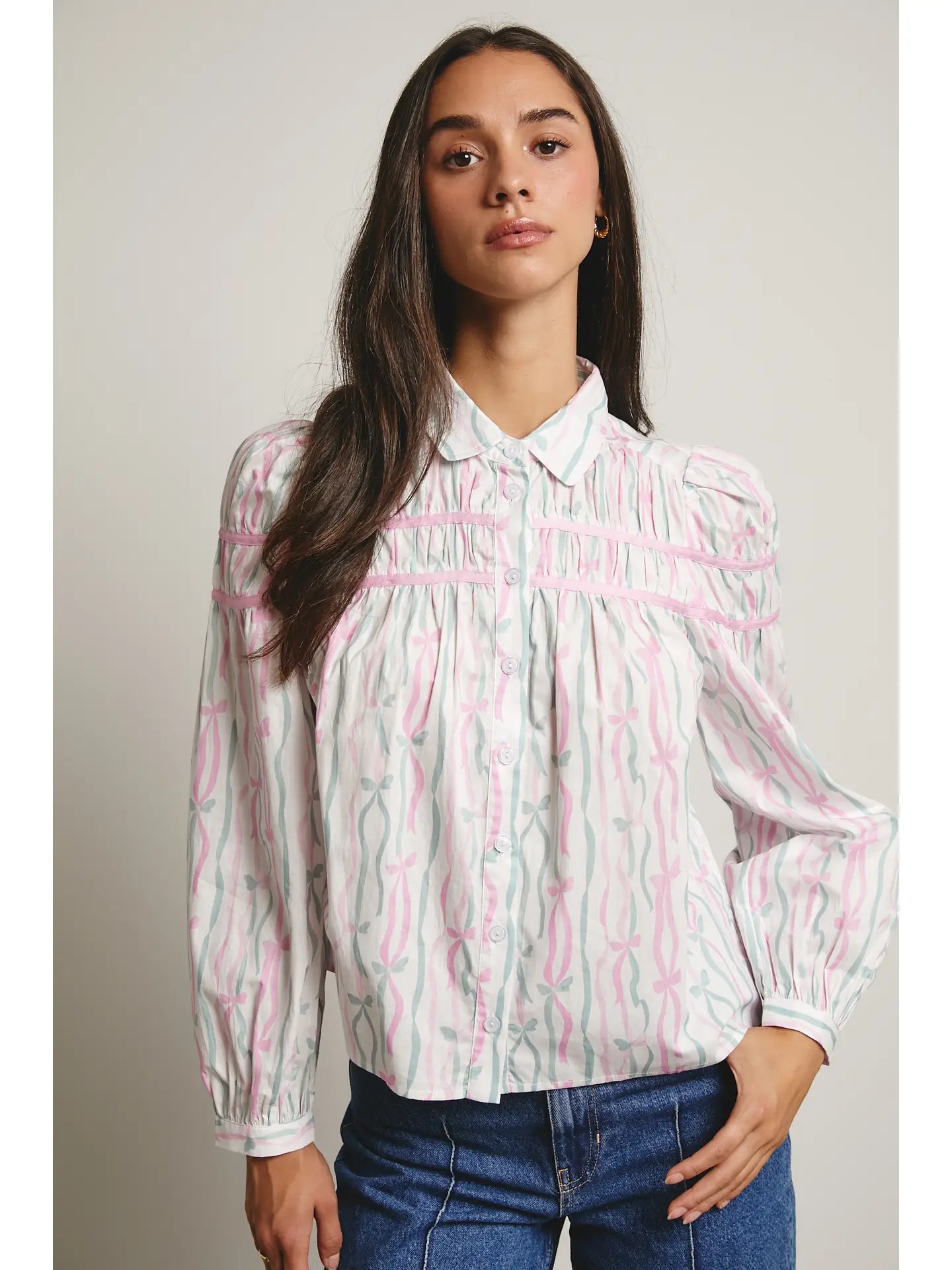 Ribbon Stripe Puff Sleeve Blouse