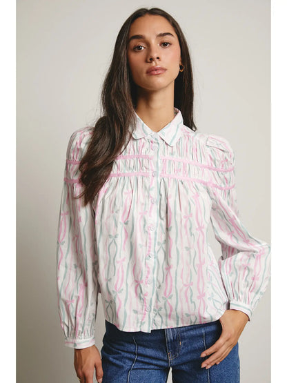 Ribbon Stripe Puff Sleeve Blouse