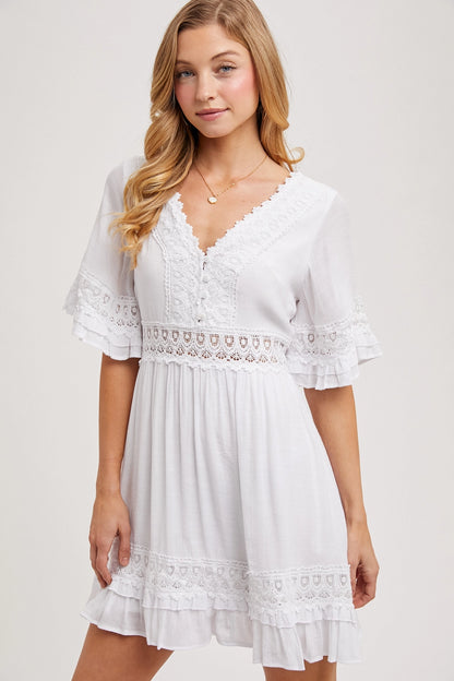 V-Neck Lace Dress - Open Back with Tie Detail