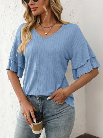 Solid V-Neck Ruffle Sleeve Short-Sleeve Top