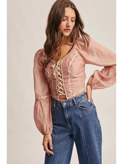 Lace-Up Embroidered Puff Sleeve Top