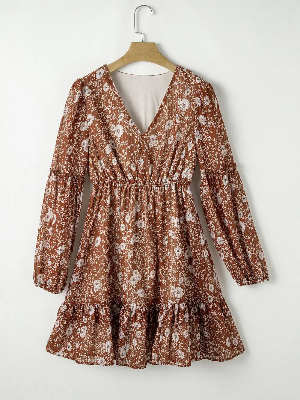 Brown Boho Floral Ruffled Puff Sleeve V Neck Mini Dress
