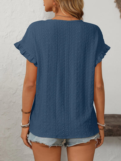 Solid Color Crewneck Sweet Short-Sleeve Hollow-Out Top