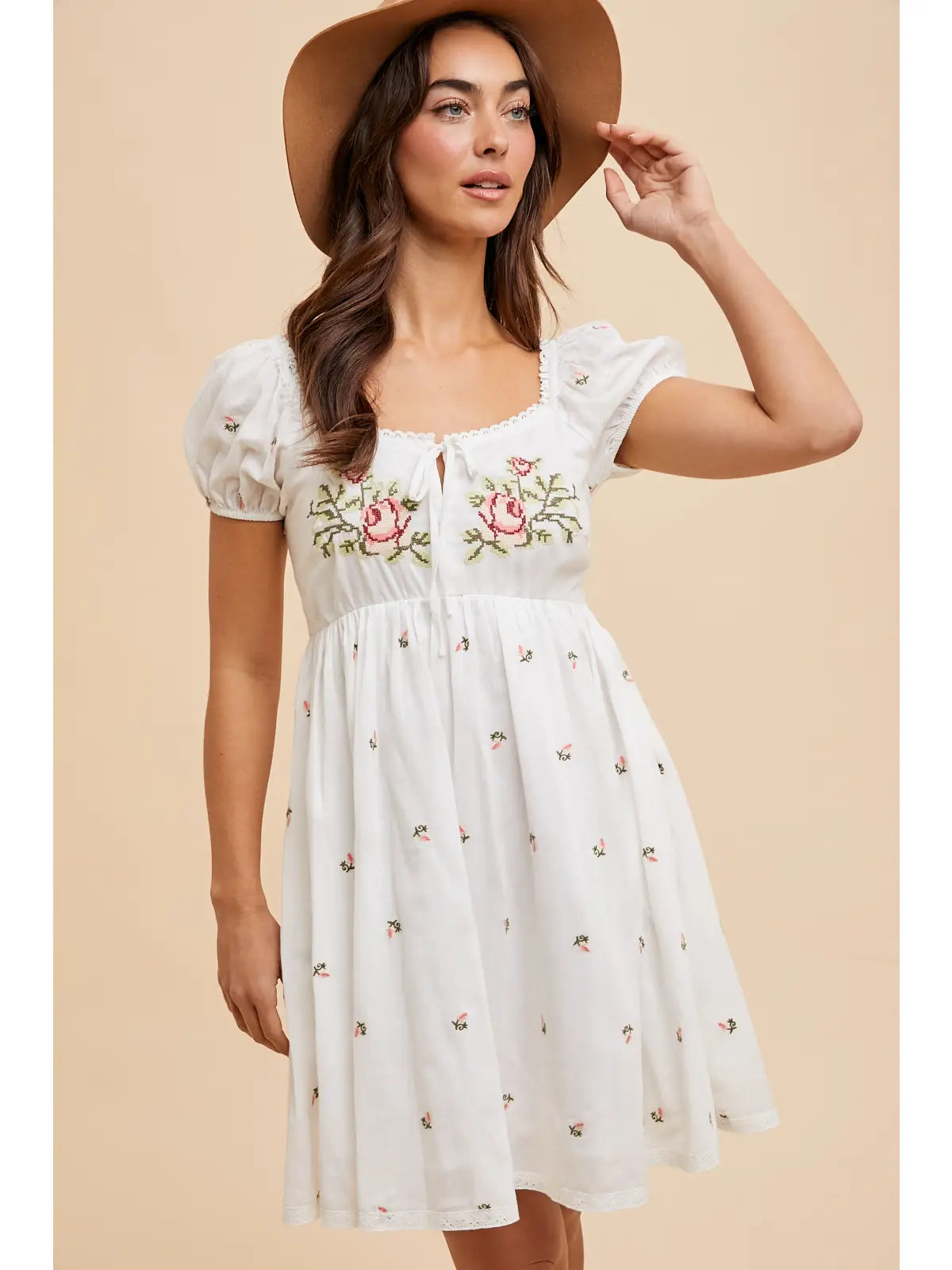 Cross Stitched Embroidered Babydoll Mini Dress