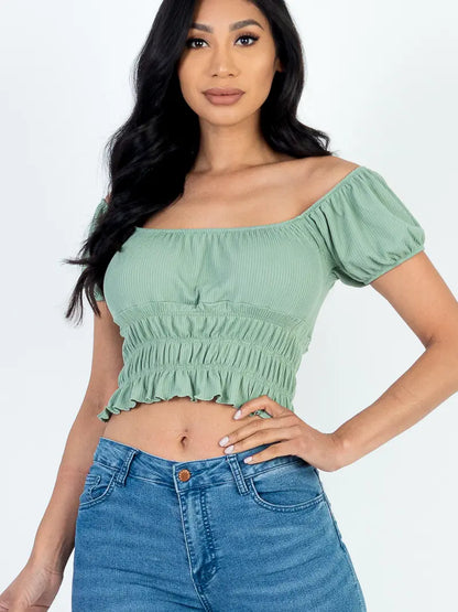 Casual Ruched Puff Sleeve Ribbed Knit Solid Top