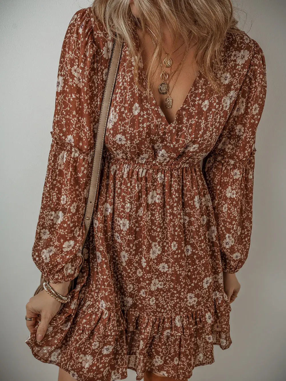 Brown Boho Floral Ruffled Puff Sleeve V Neck Mini Dress