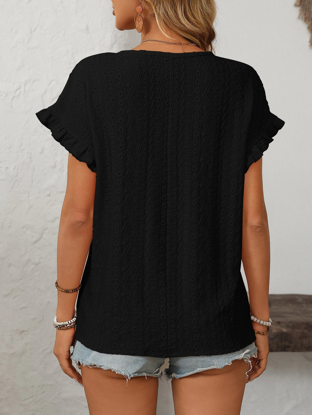 Solid Color Crewneck Sweet Short-Sleeve Hollow-Out Top