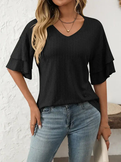 Solid V-Neck Ruffle Sleeve Short-Sleeve Top