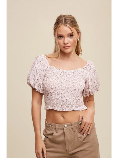 Smocked Puff Sleeve Crop Top