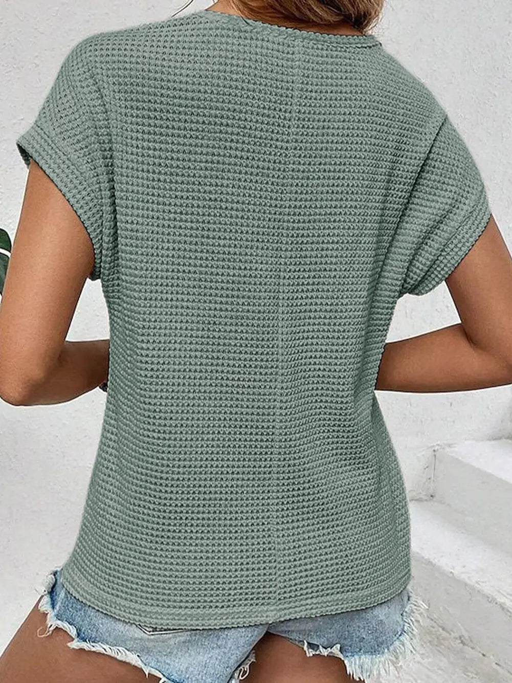 Mist Green Lace Patchwork Waffle Short Sleeve Top