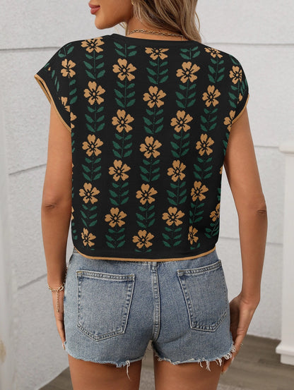 Retro Floral Knit Crop Top Short Sleeve Vintage Pullover Tee