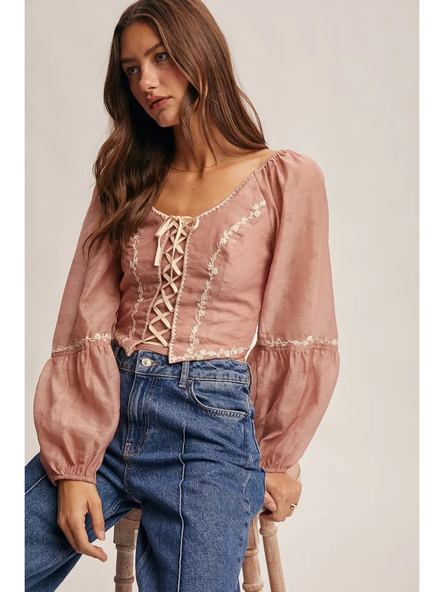 Lace-Up Embroidered Puff Sleeve Top