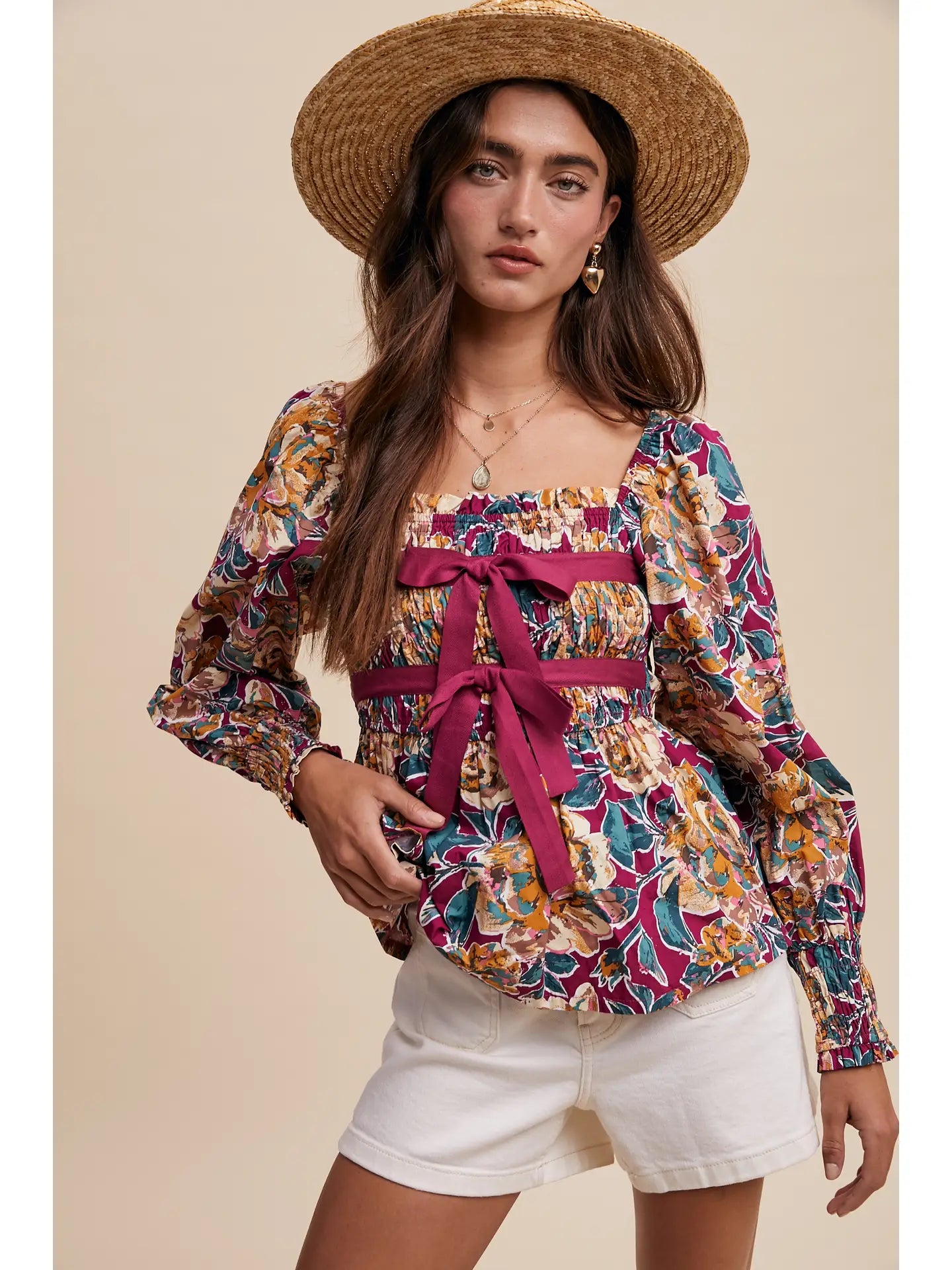 Floral Puff Sleeve Blouse with Bow Detail