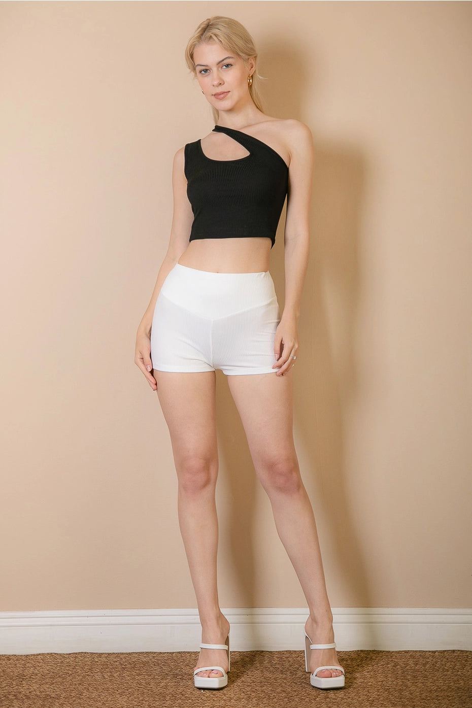 Ribbed One Shoulder Cross Strap Crop Top