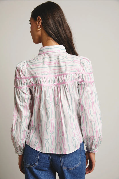 Ribbon Stripe Puff Sleeve Blouse
