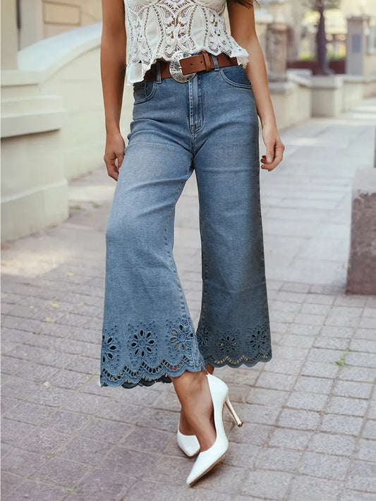 Embroidered Cropped Wide Leg High Waist Jeans
