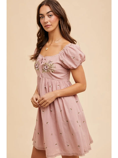 Cross Stitched Embroidered Babydoll Mini Dress