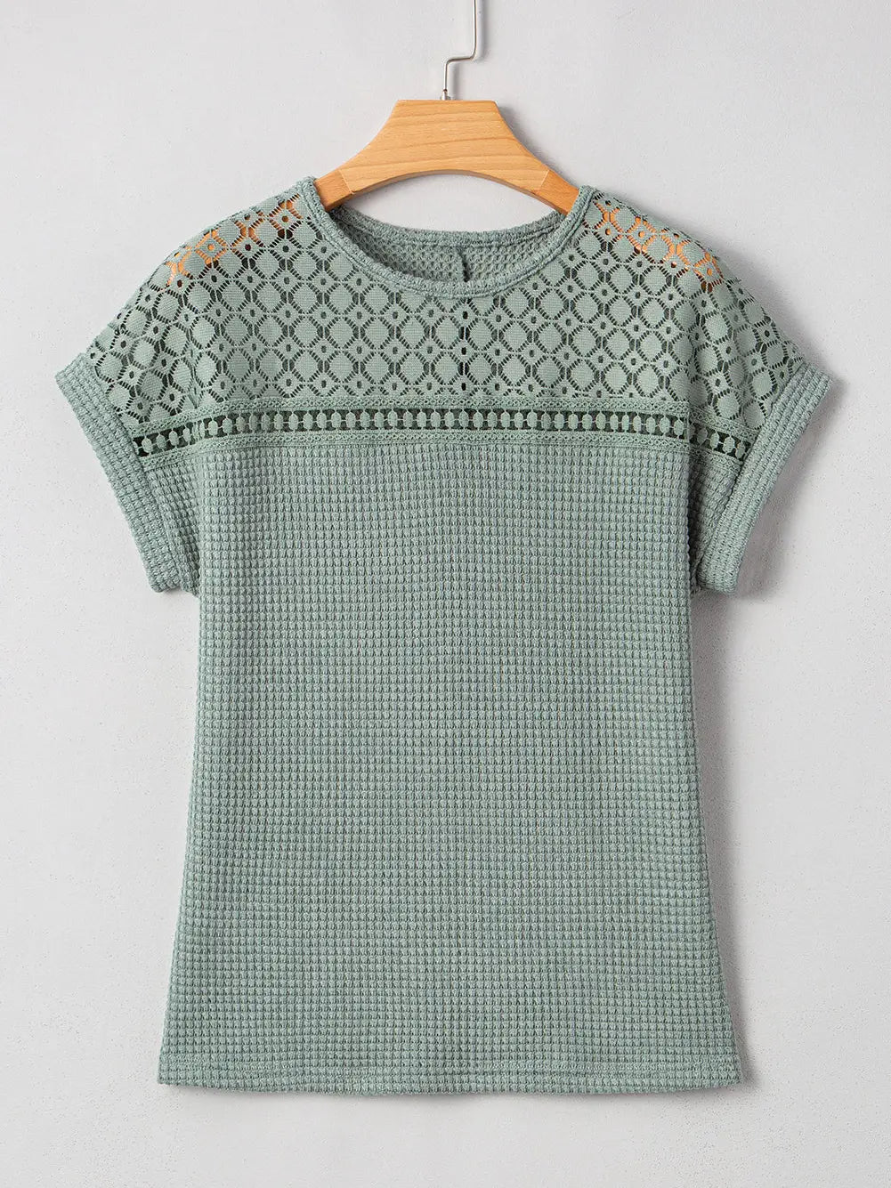 Mist Green Lace Patchwork Waffle Short Sleeve Top