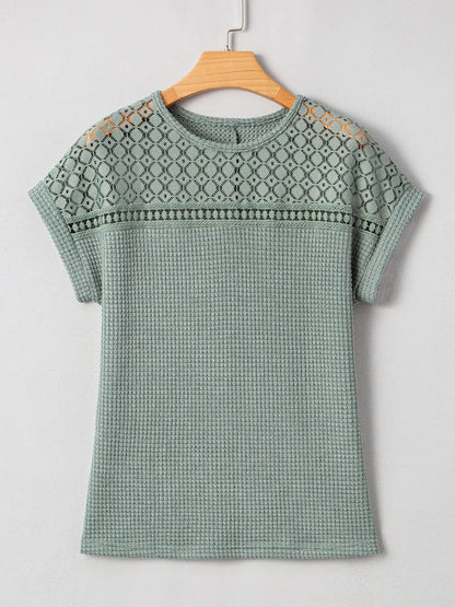Mist Green Lace Patchwork Waffle Short Sleeve Top