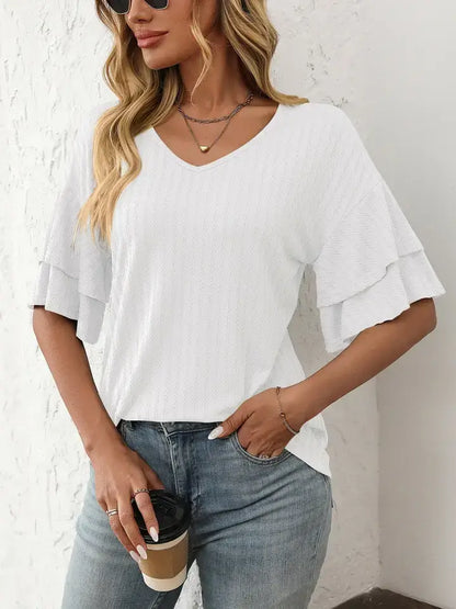 Solid V-Neck Ruffle Sleeve Short-Sleeve Top