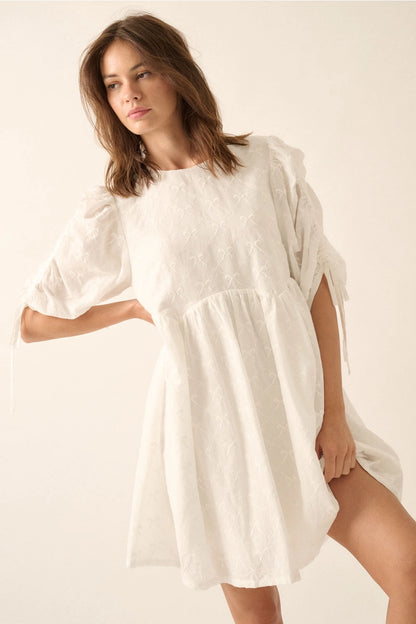 Bow-Embroidered Ruched-Sleeve Babydoll Mini Dress