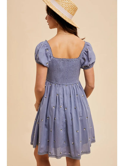 Cross Stitched Embroidered Babydoll Mini Dress