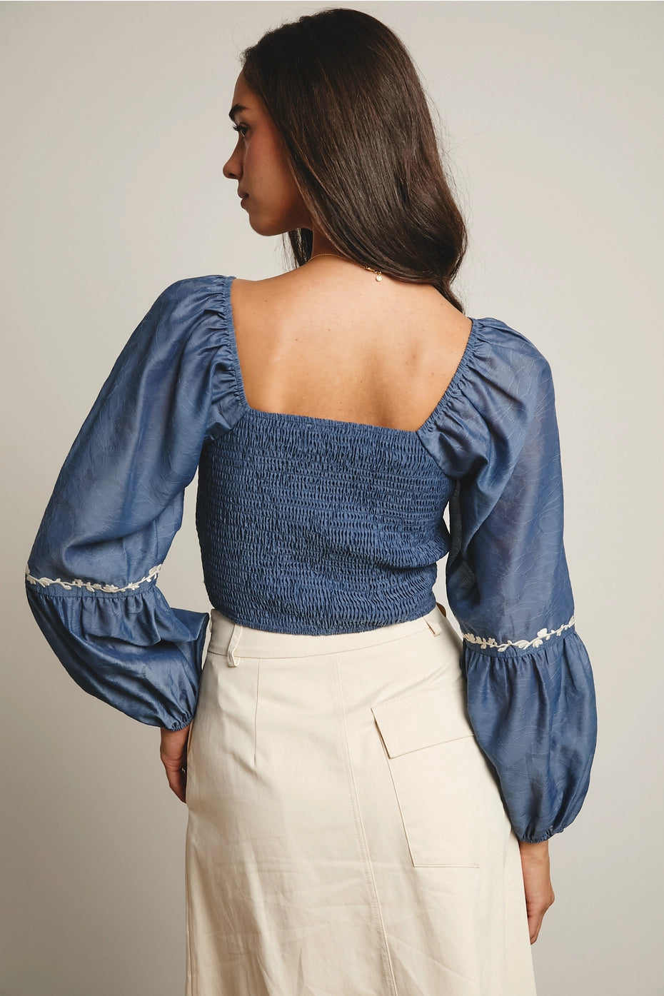 Lace-Up Embroidered Puff Sleeve Top