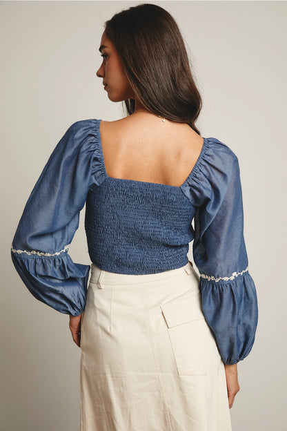 Lace-Up Embroidered Puff Sleeve Top