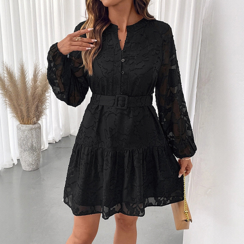 Elegant Black Jacquard Long Sleeve Belted Mini Dress