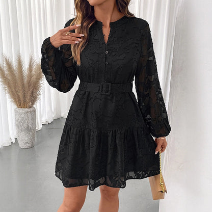 Elegant Black Jacquard Long Sleeve Belted Mini Dress
