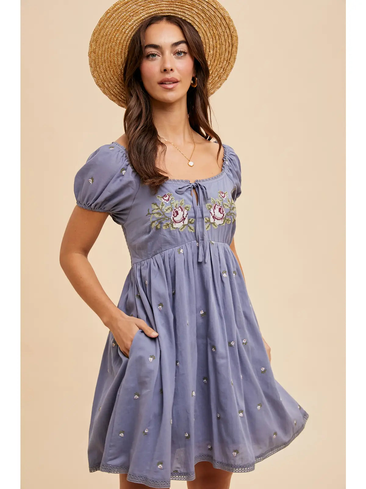 Cross Stitched Embroidered Babydoll Mini Dress