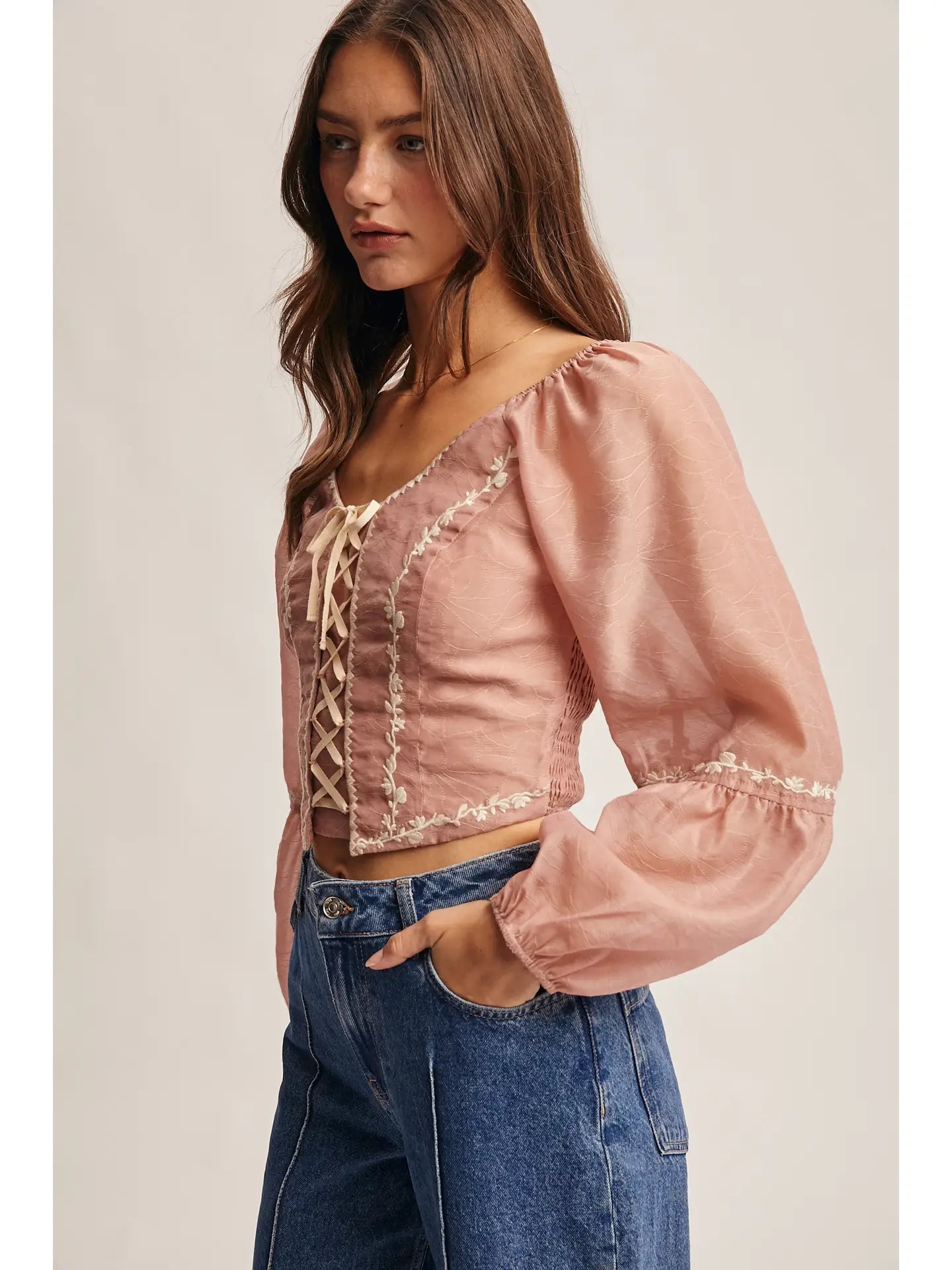 Lace-Up Embroidered Puff Sleeve Top