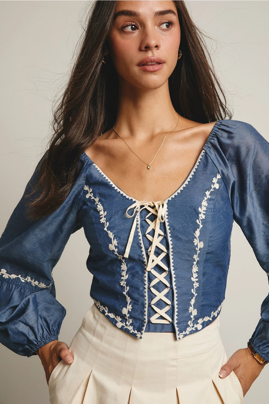 Lace-Up Embroidered Puff Sleeve Top