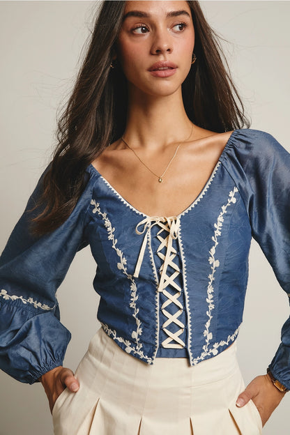 Lace-Up Embroidered Puff Sleeve Top