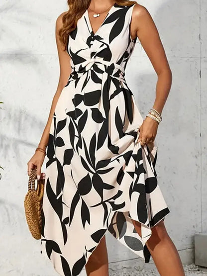 LEAF Print Kink Irregular Midi Dress