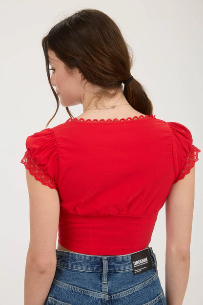 Lace Trim Button Down Front Tie Crop Top