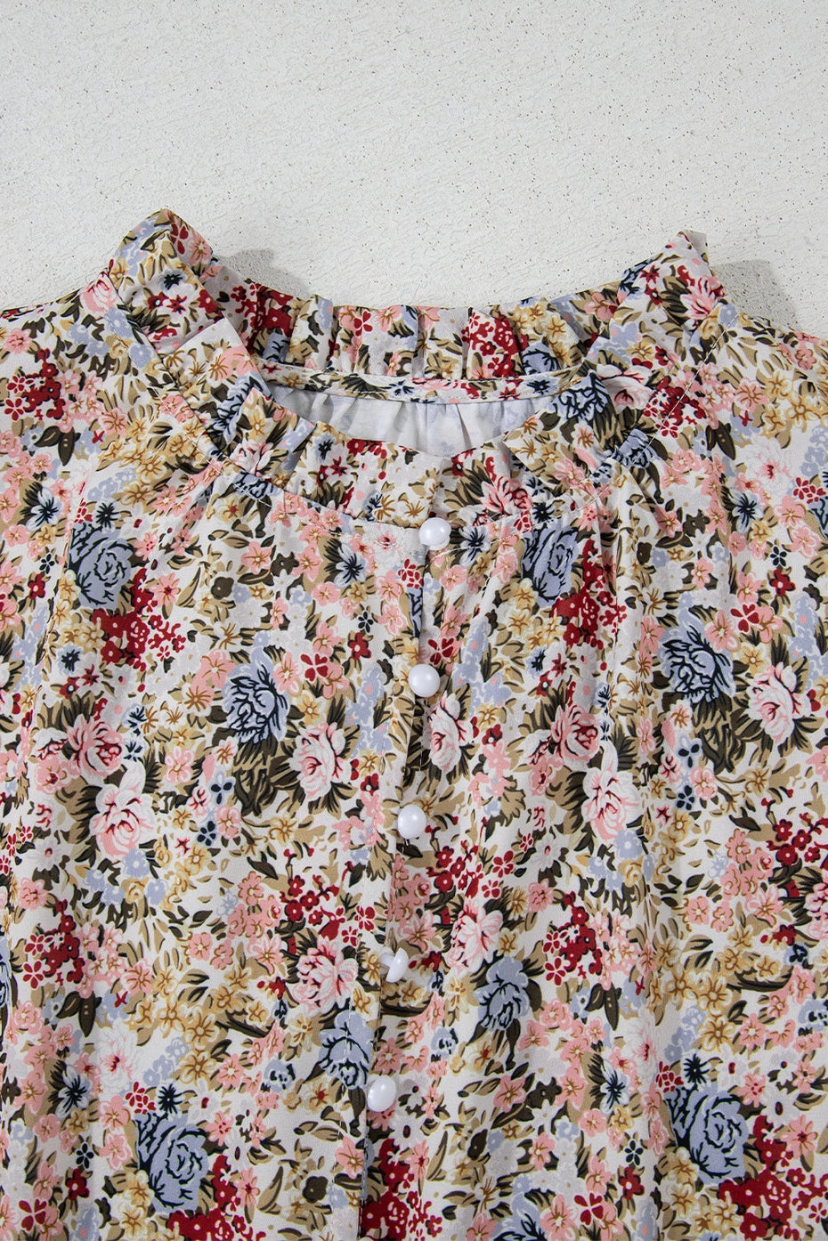 Red Boho Floral Frilled Button Neck Ruffle Short Sleeve Blouse