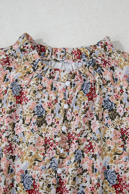 Red Boho Floral Frilled Button Neck Ruffle Short Sleeve Blouse