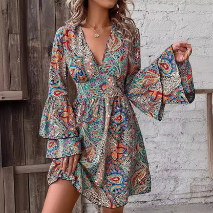 Floral Printed Flare Sleeves V Neck Dress