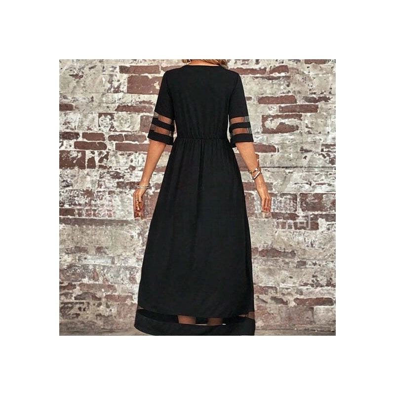 Mesh Round Neck Patch Pocket Midi Dress