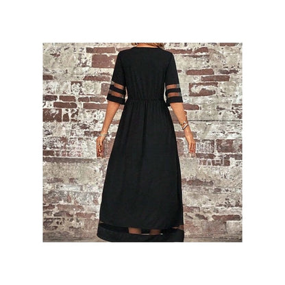 Mesh Round Neck Patch Pocket Midi Dress