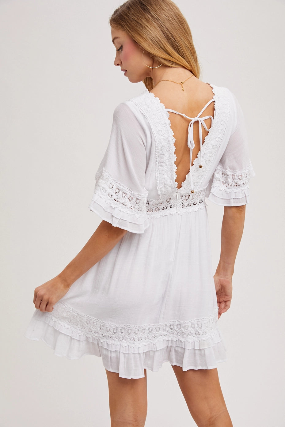 V-Neck Lace Dress - Open Back with Tie Detail
