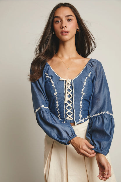 Lace-Up Embroidered Puff Sleeve Top
