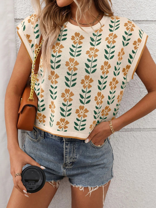 Retro Floral Knit Crop Top Short Sleeve Vintage Pullover Tee