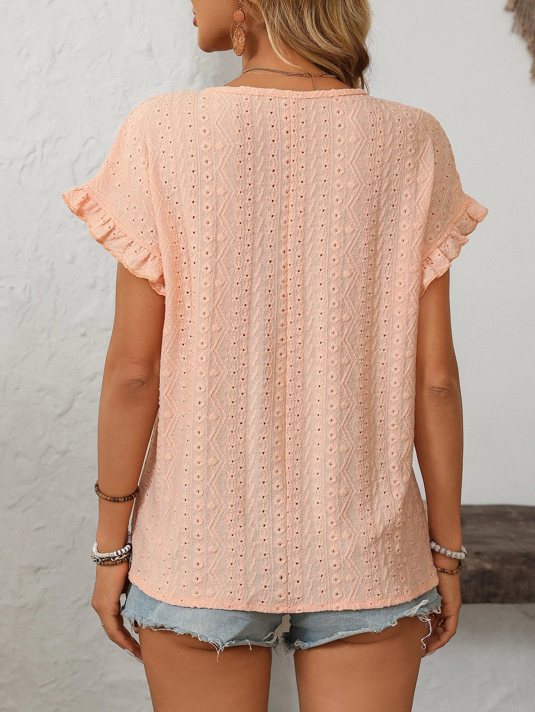 Solid Color Crewneck Sweet Short-Sleeve Hollow-Out Top
