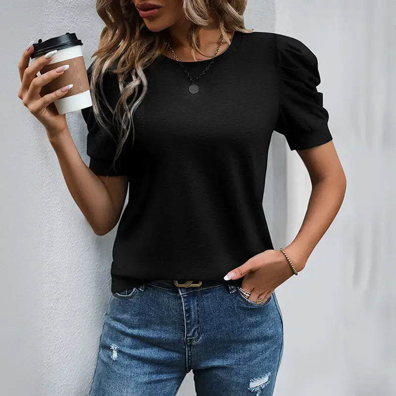 Casual Solid Puff Sleeve Pullover T-Shirt