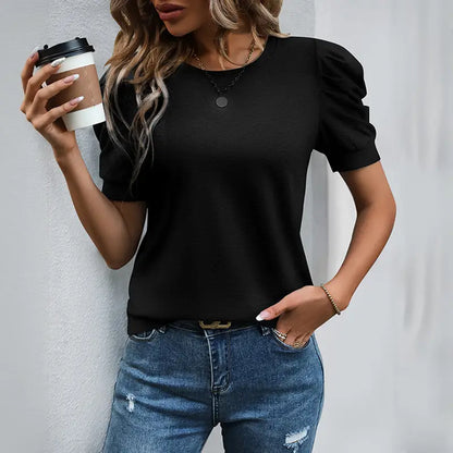 Casual Solid Puff Sleeve Pullover T-Shirt