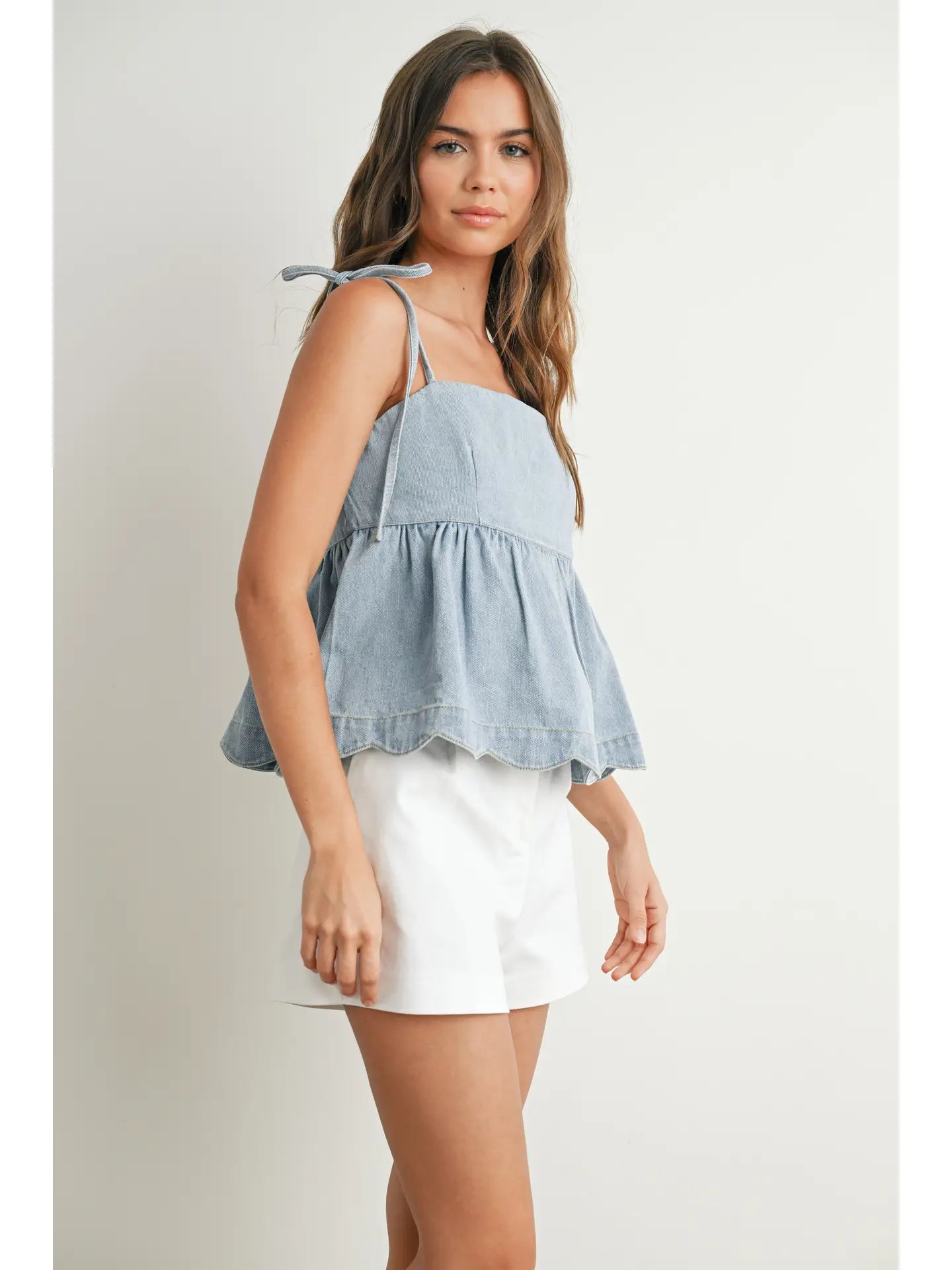 Denim Tie-Strap Peplum Top